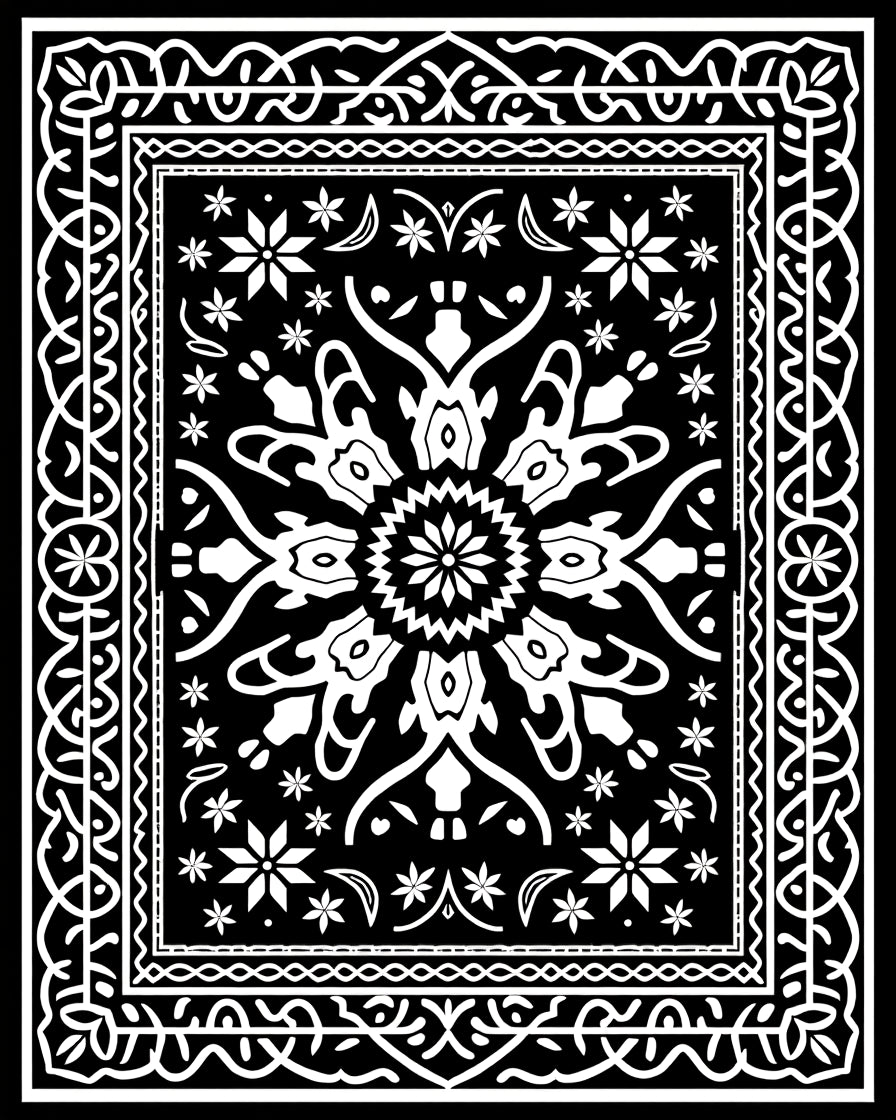 Black White Floral Medallion Borders Rug