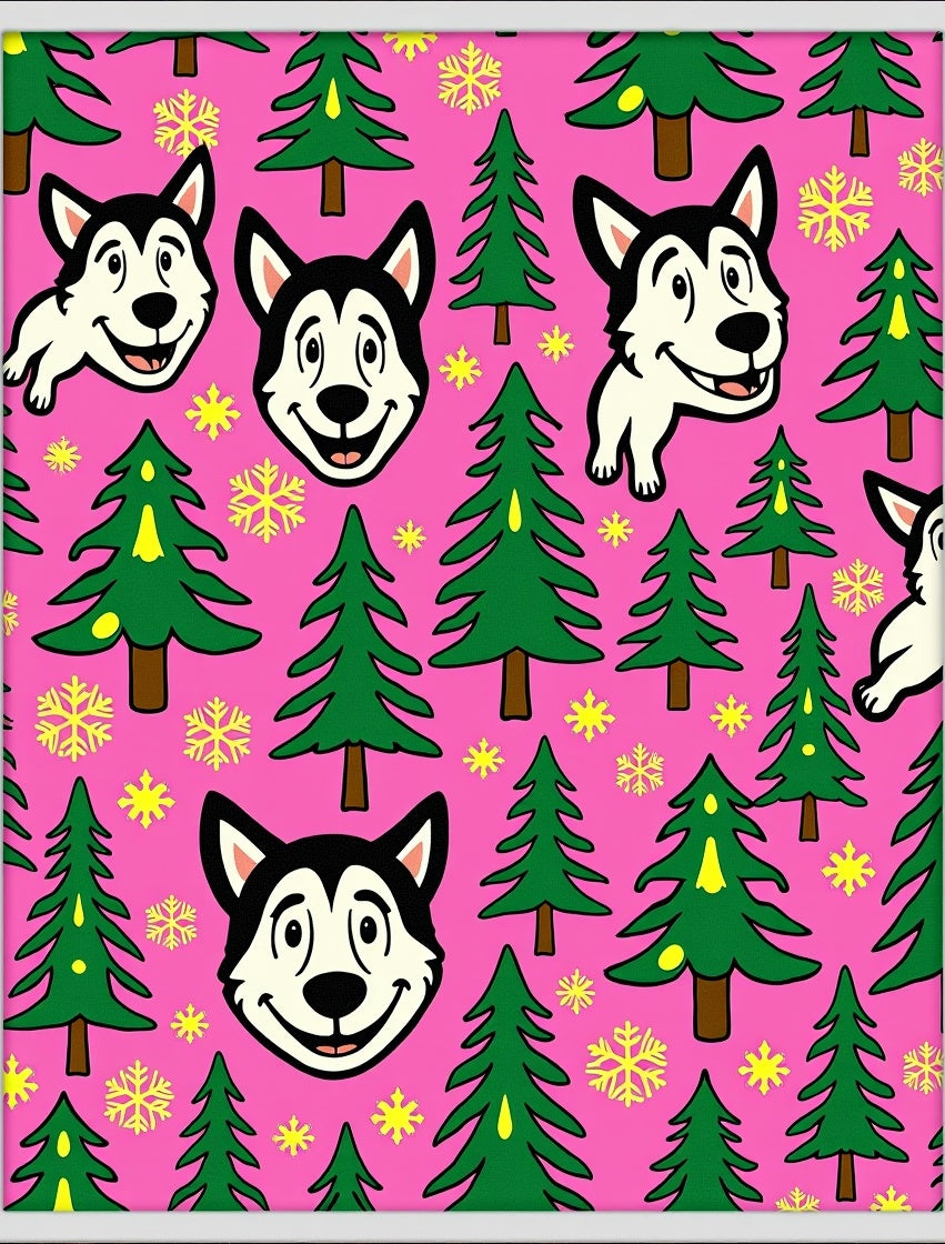 Pink Husky Christmas Trees Snowflakes Rug