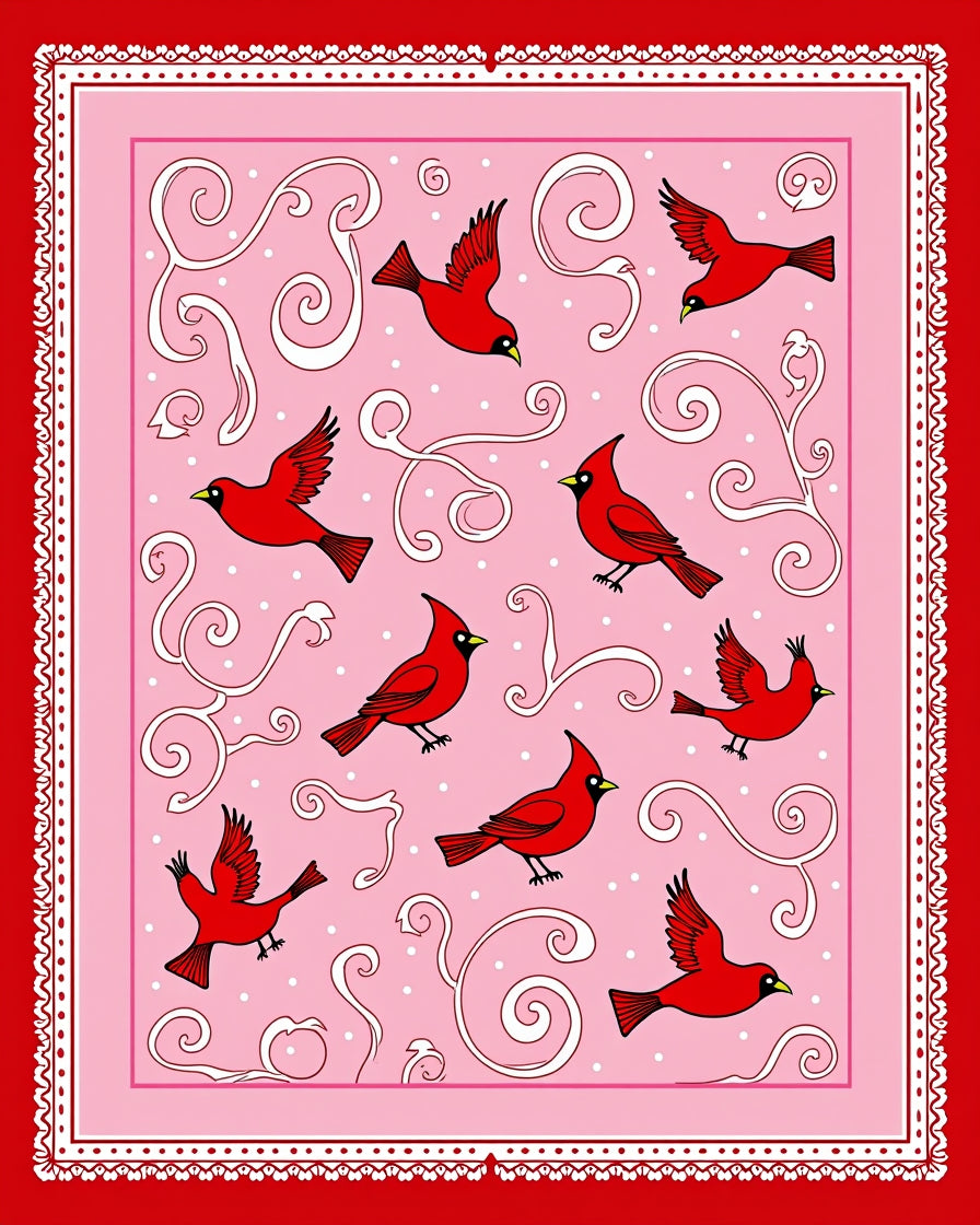 Red Cardinal Birds Pink Swirls Rug