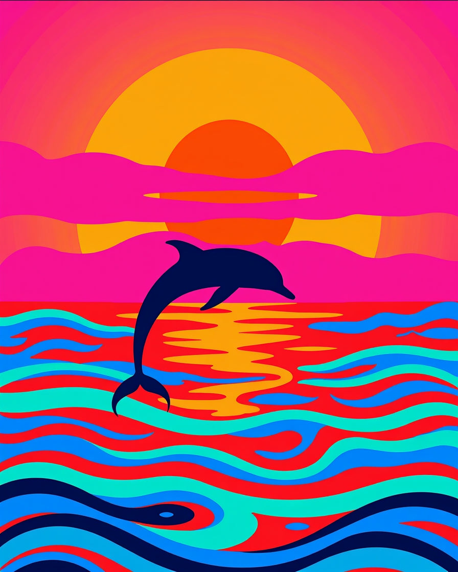 Vibrant Pink Sunset Dolphin Ocean Waves Rug