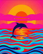 Vibrant Pink Sunset Dolphin Ocean Waves Rug