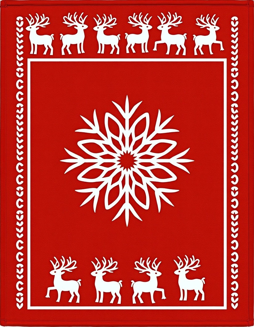 Red White Snowflake Reindeer Border Rug