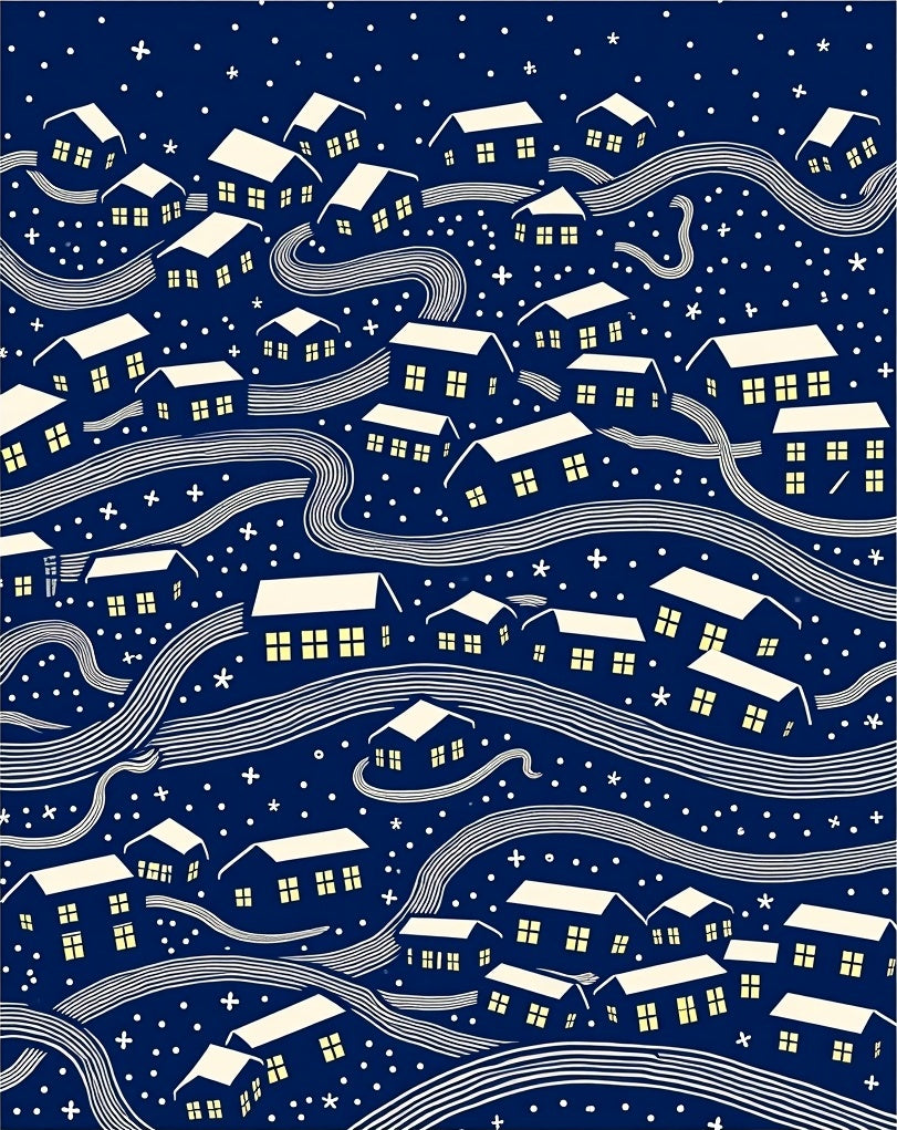 Dark Blue Whimsical Village Night Rug