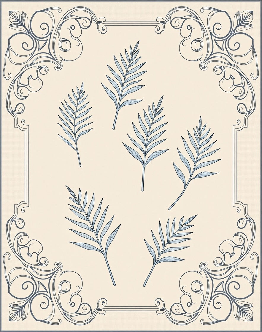 Light Blue Fern Fronds Classic Frame Rug
