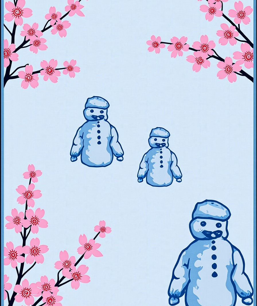 Blue Snowman Pink Cherry Blossom Scene Rug
