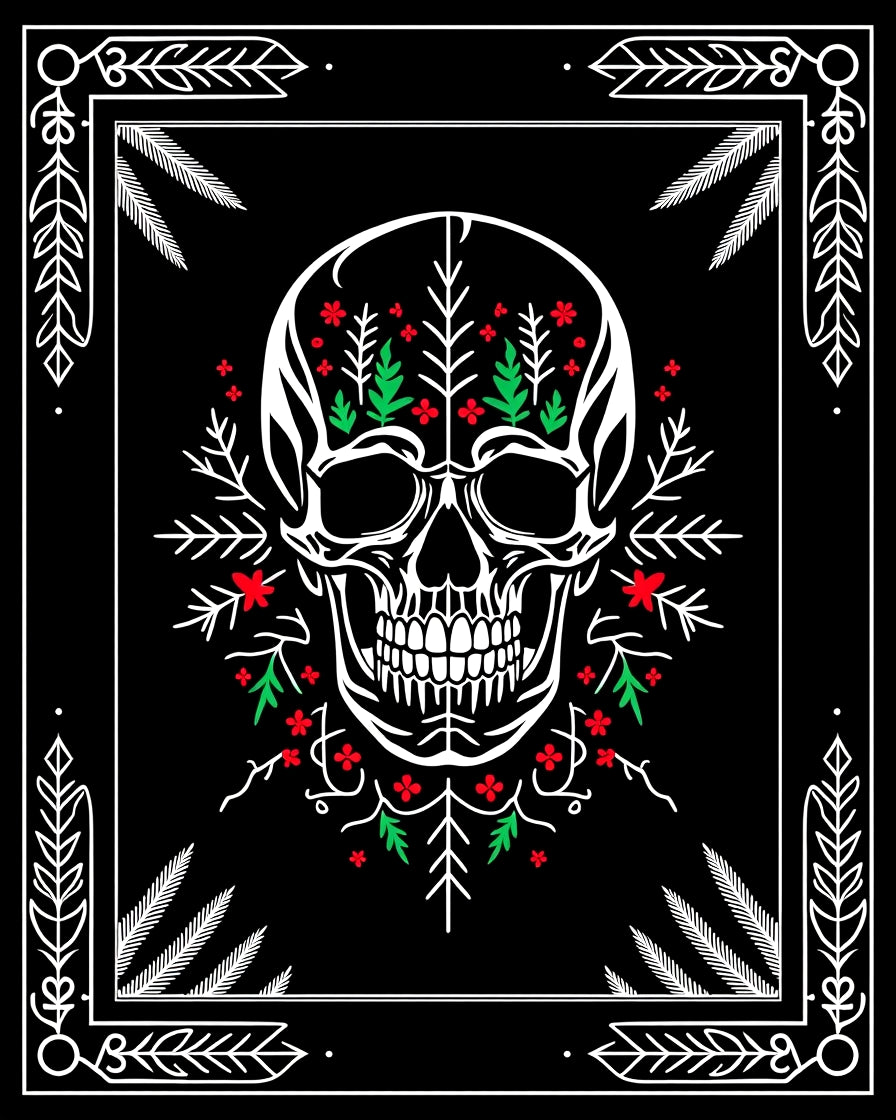Floral Skull Red Green Botanical Frame Rug