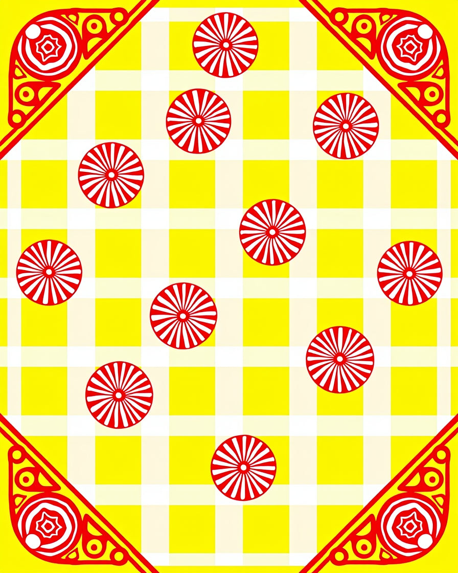 Vibrant Yellow Red Circular Gingham Rug
