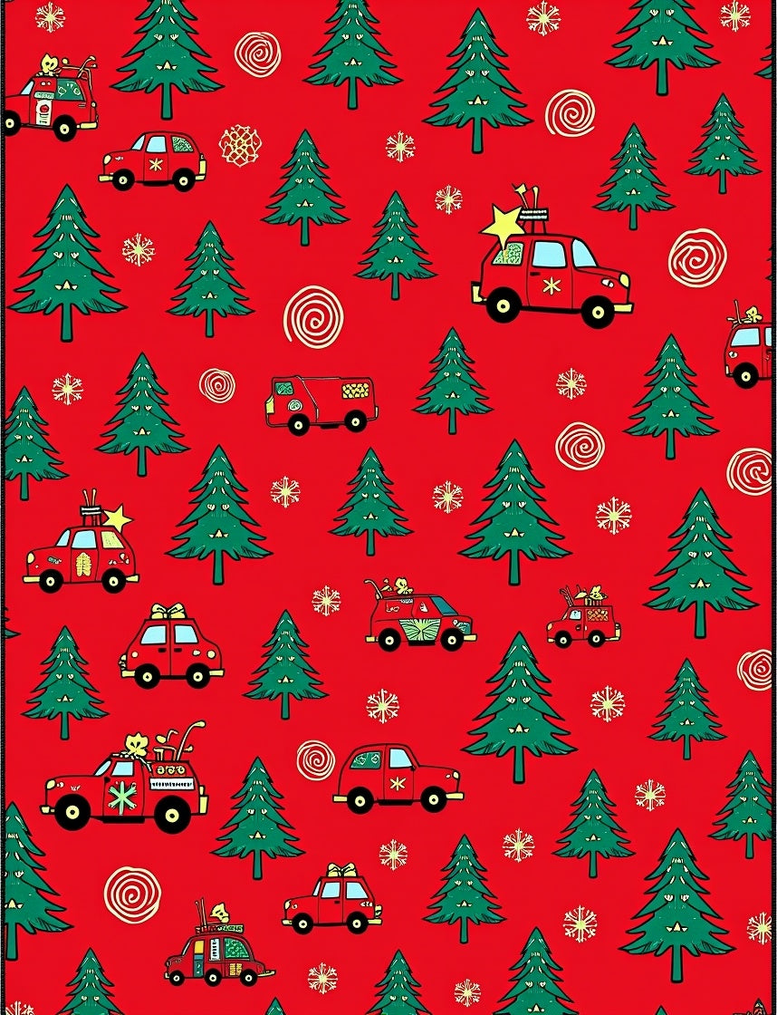 Red Christmas Cars Evergreen Trees Rug