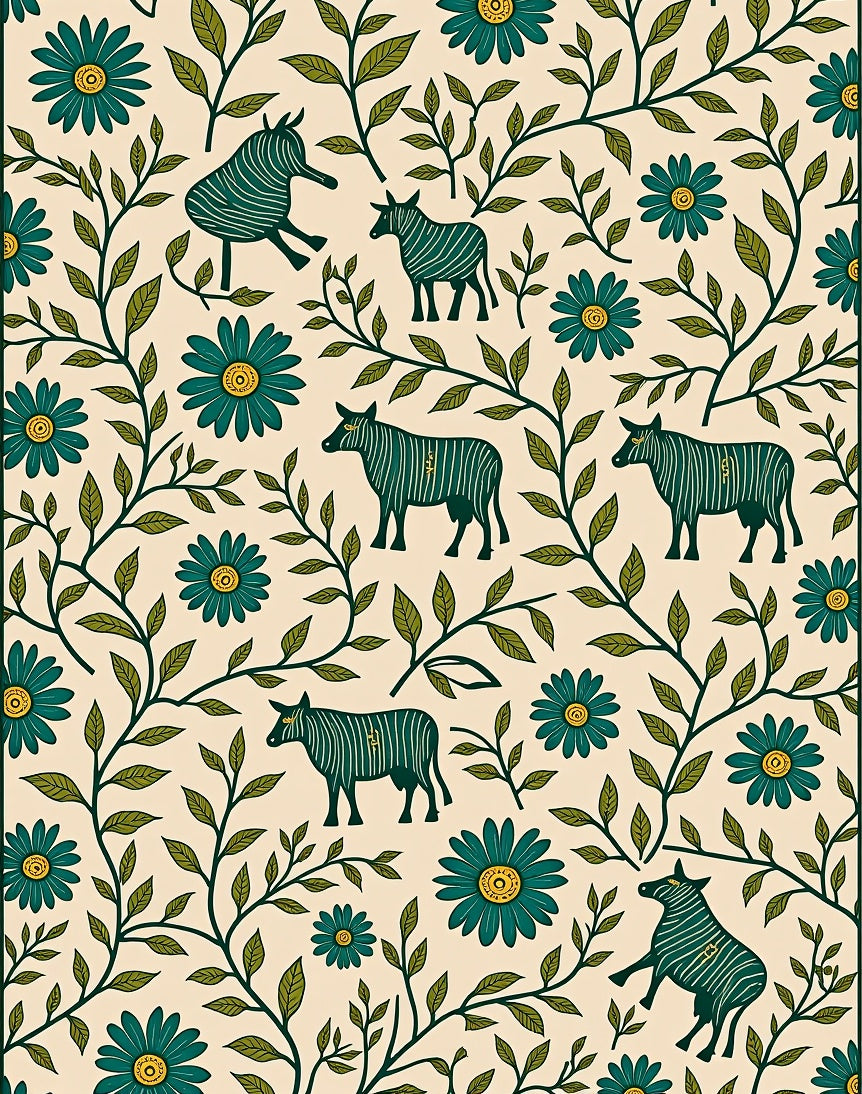 Teal Zebra Flowers Cream Background Rug