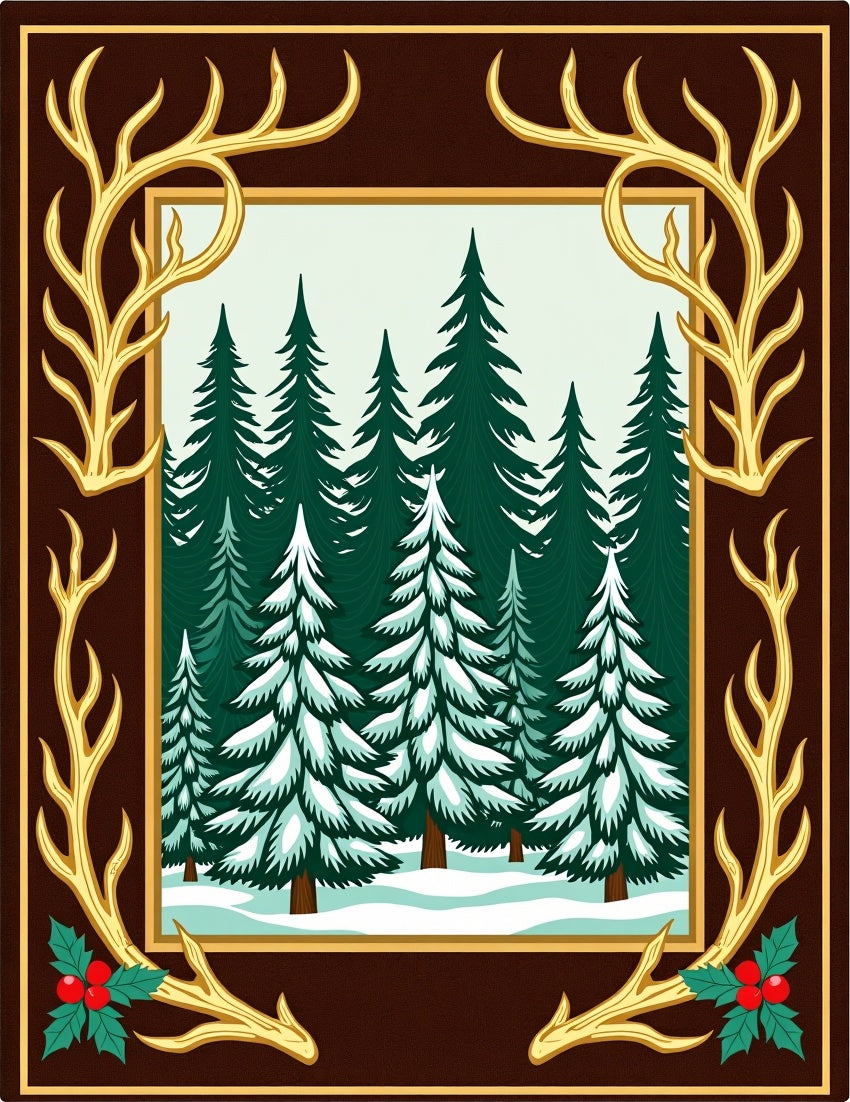 Golden Antler Snowy Forest Scene Rug