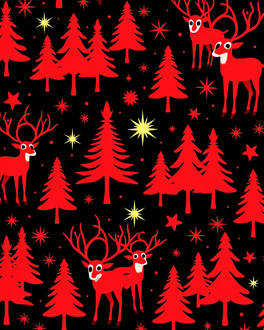 Red Reindeer Forest Night Sky Rug