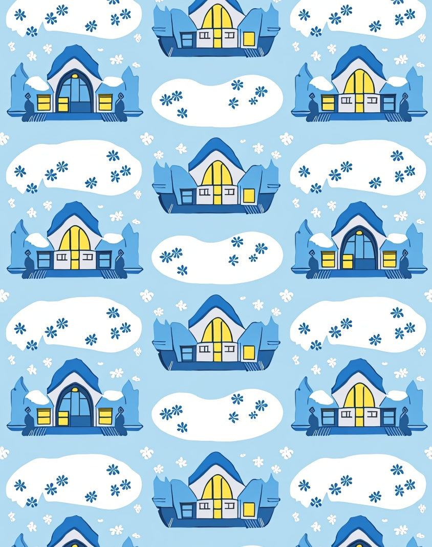Winter HousesSnowy Village Cartoon Snowflakes Rug