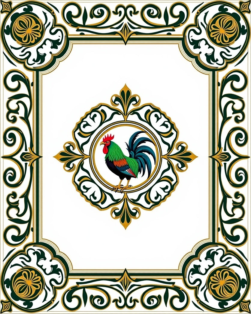 Green Rooster Floral Medallion Border Rug