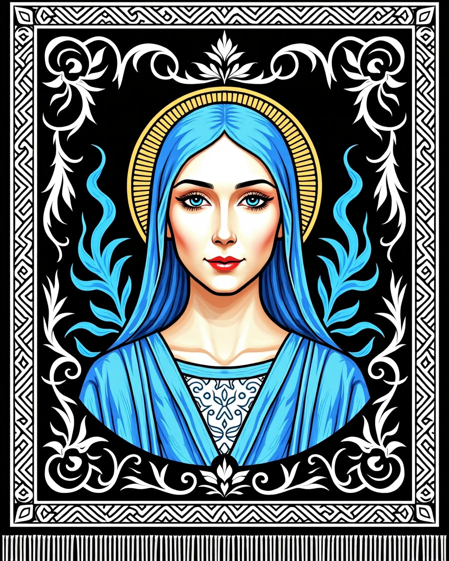 Radiant Blue Virgin Portrait Emblem Rug