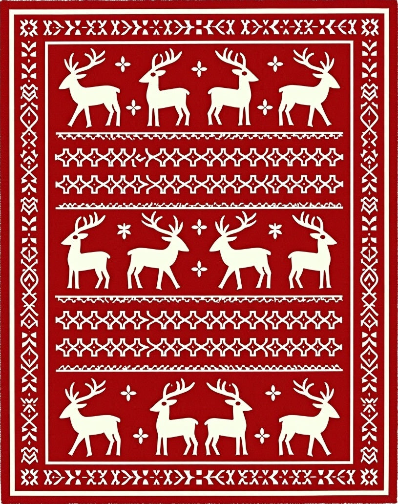 Festive Red White Reindeer Border Rug