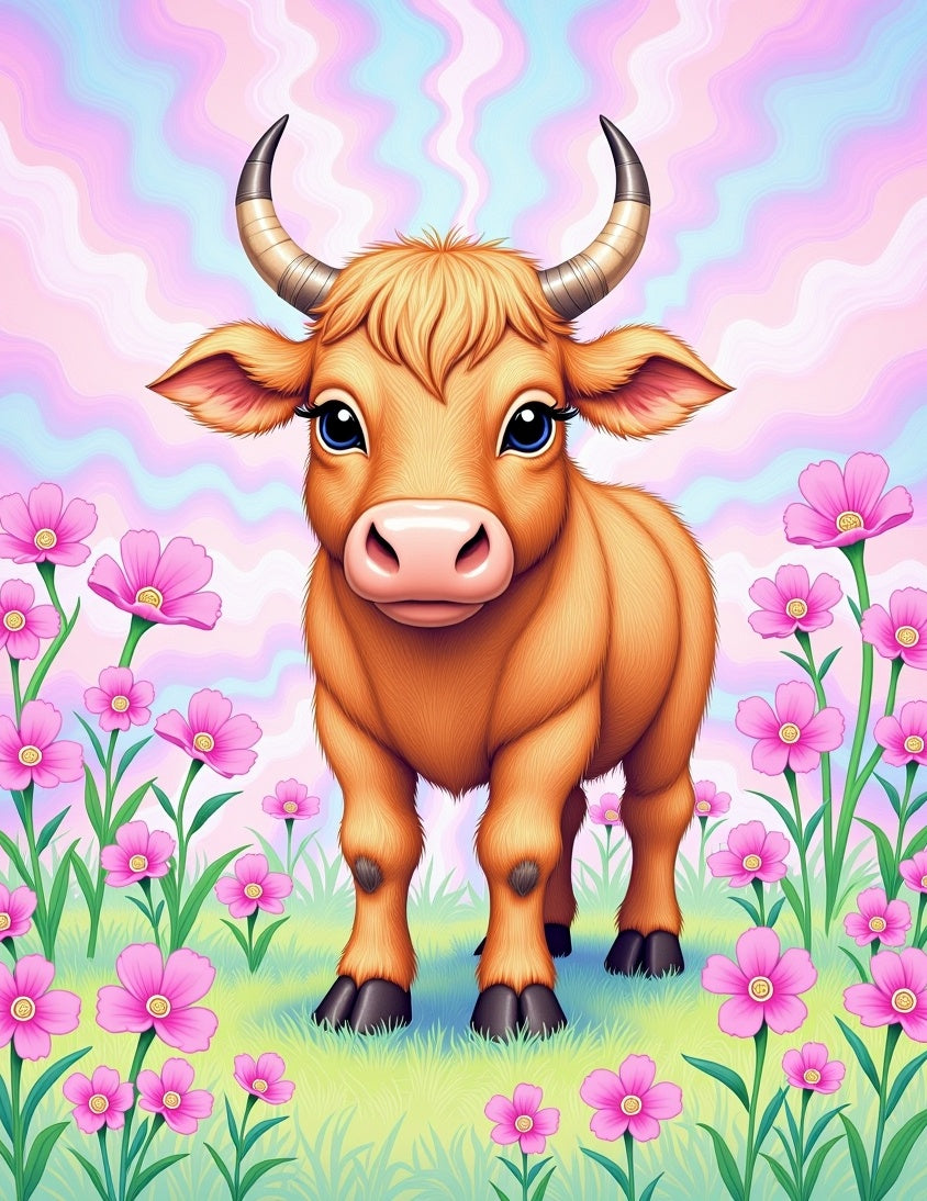 Whimsical Cow Amidst Pink Flowers Rug