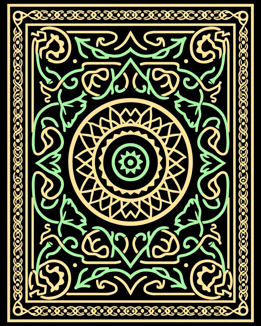 Vintage Yellow Green Interlocking Medallion Rug