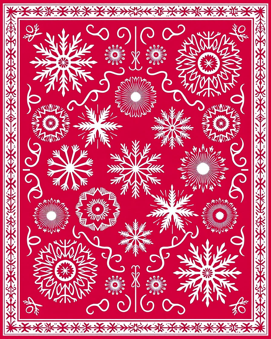 Crimson White Snowflake Medallion Collage Rug
