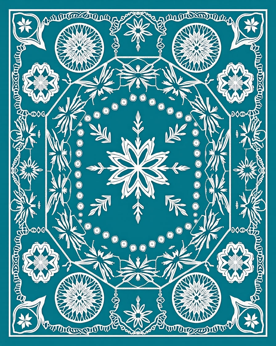 Teal White Symmetrical Mandala Floral Rug