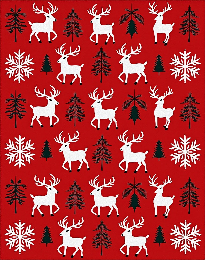 Red White Christmas Reindeer Snowflake Trees Rug
