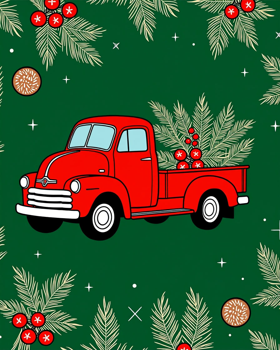 Vintage Red Truck Evergreen Scene Rug