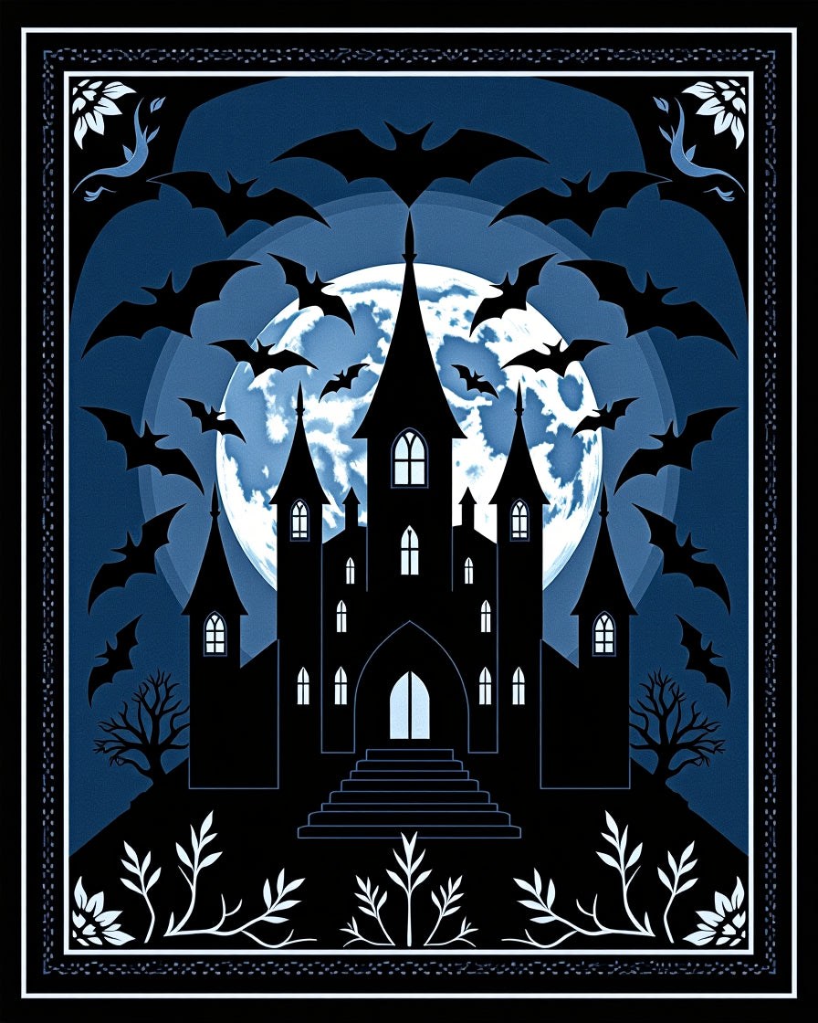 Midnight Haunted Castle Bat Moon Rug