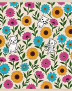 Joyful puppies with vibrant floral field Rug