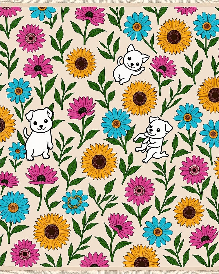 Joyful puppies with vibrant floral field Rug