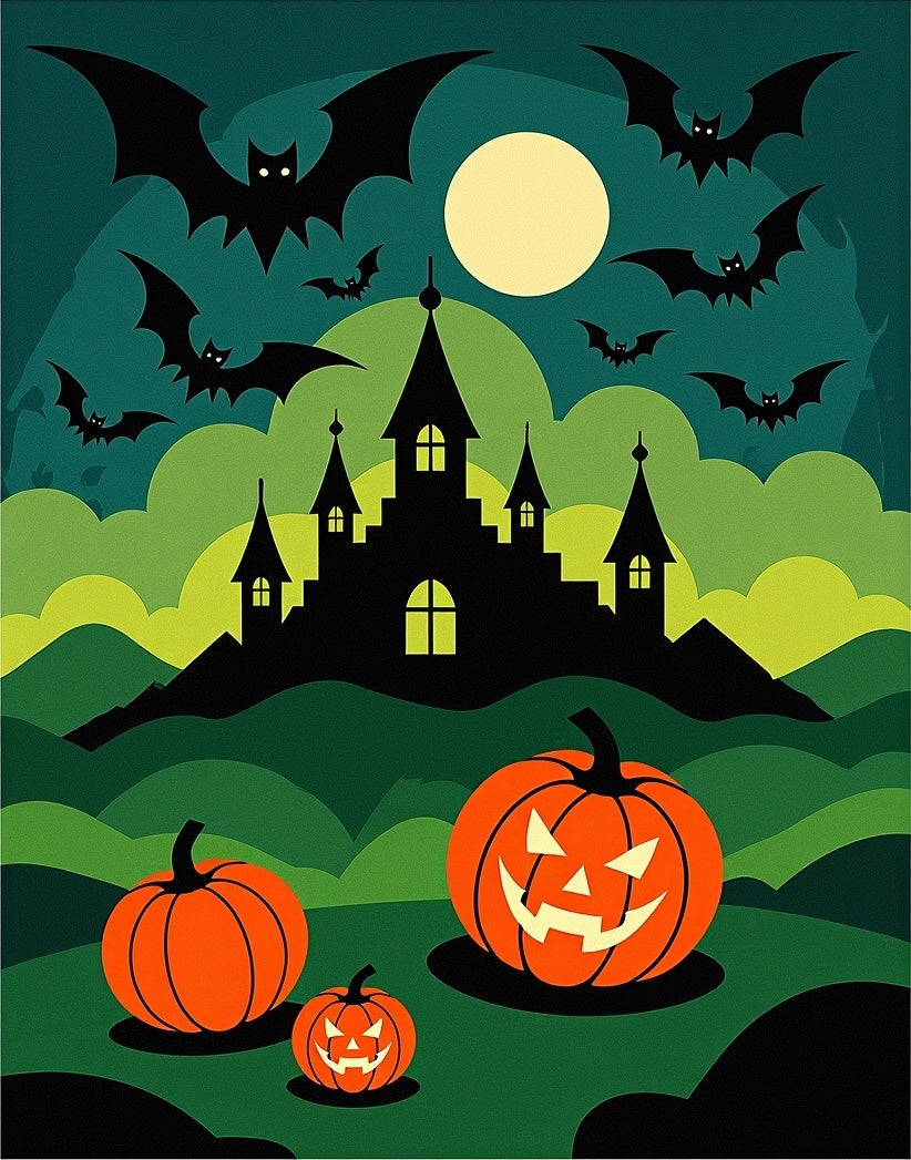 Spooky Orange Pumpkin Bat Castle Silhouette Rug