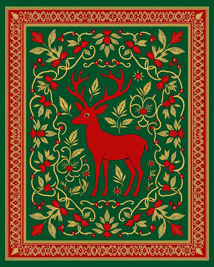 Crimson Deer Forest Leafy Garland Rug