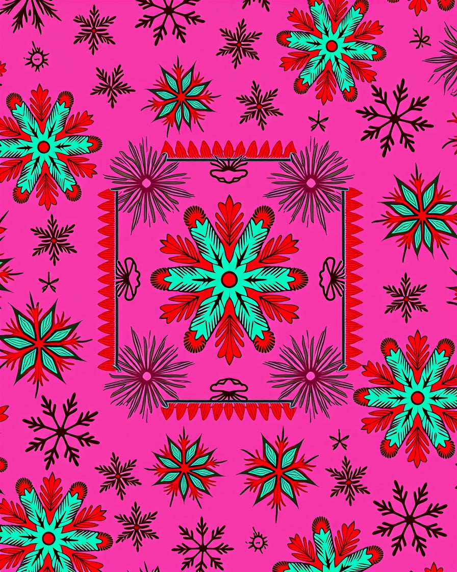 Radiant Teal and Red Snowflake Cluster Rug
