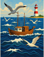 Nautical Scene With Seagulls Lighthouse Ship Rug