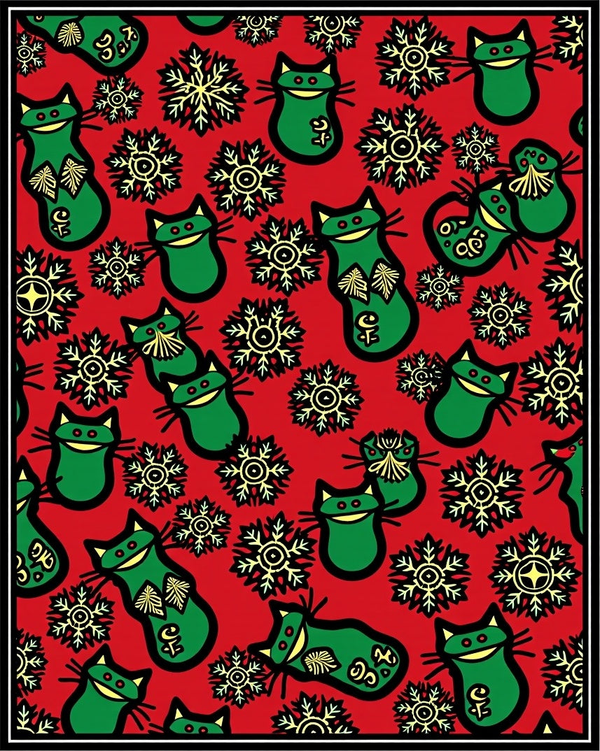 Whimsical Green Cats Yellow Snowflakes Rug