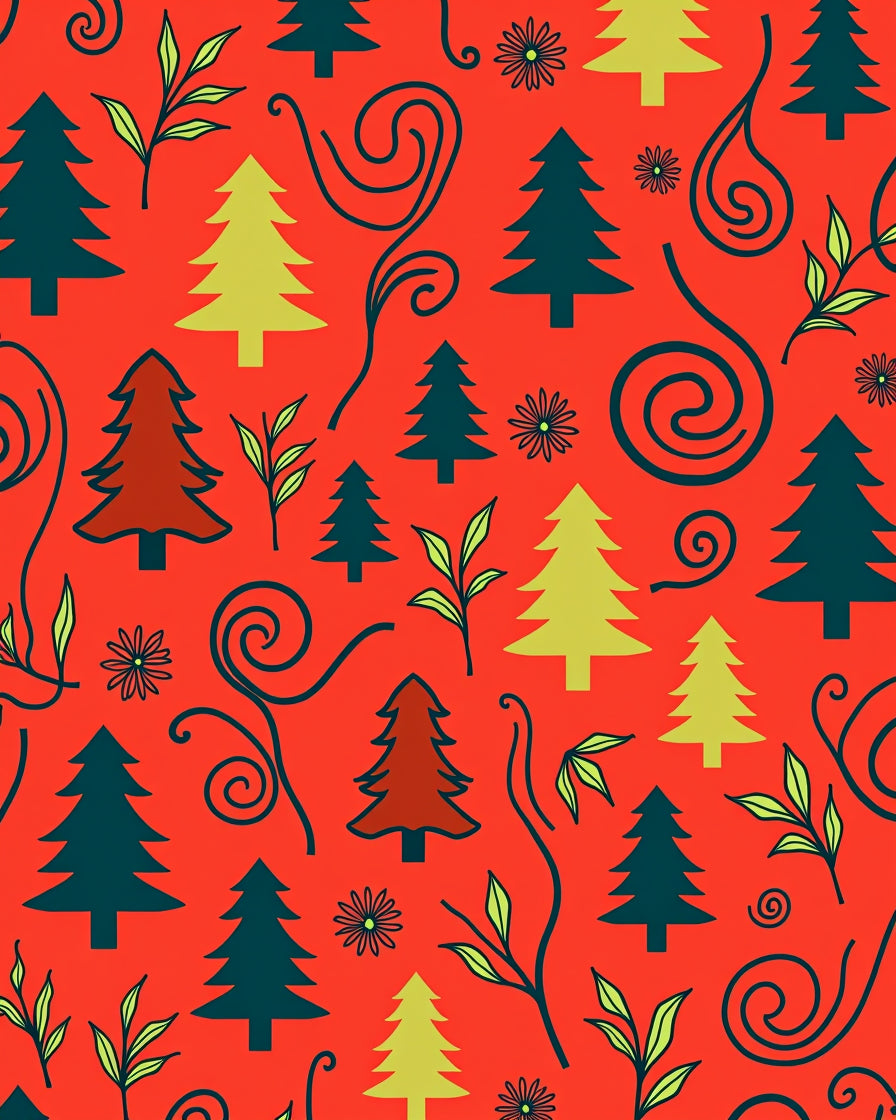 Whimsical Evergreen Swirls Red Rug