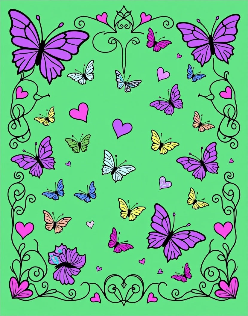 Whimsical Purple Butterfly Heart Border Rug