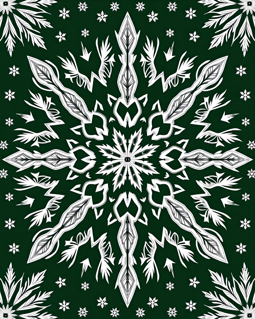 Deep Emerald White Snowflake Mandala Rug