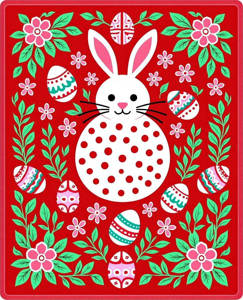 Red Easter Bunny Floral Egg Garland Rug
