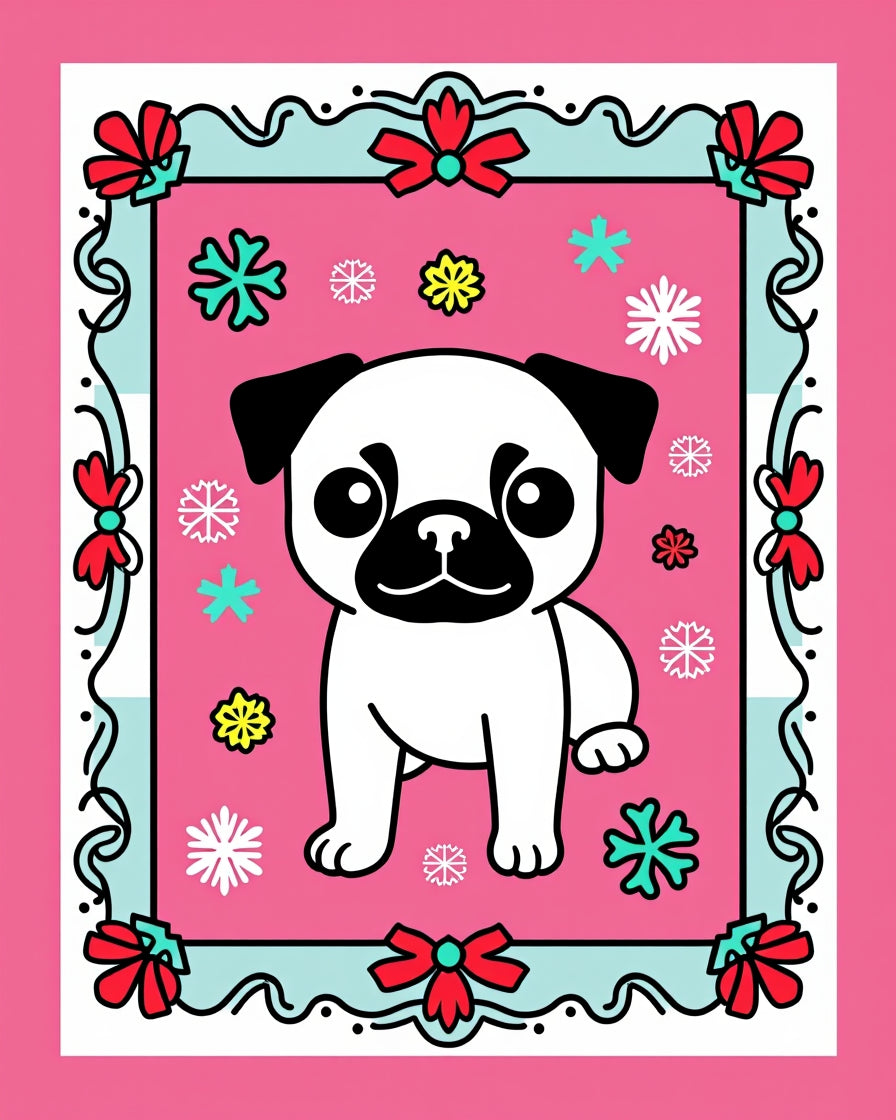 Cute Pug Snowflakes Pink Border Rug