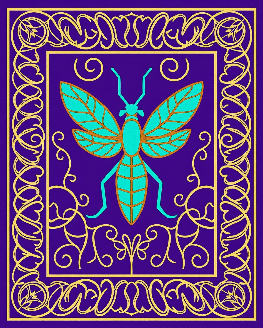Aqua Insect Framed Golden Scroll Rug