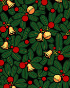 Festive Green Pine Holly Bells Rug