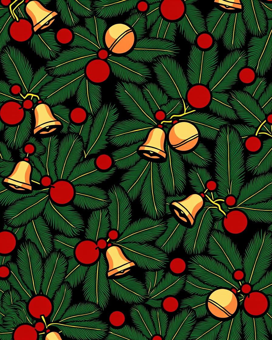 Festive Green Pine Holly Bells Rug