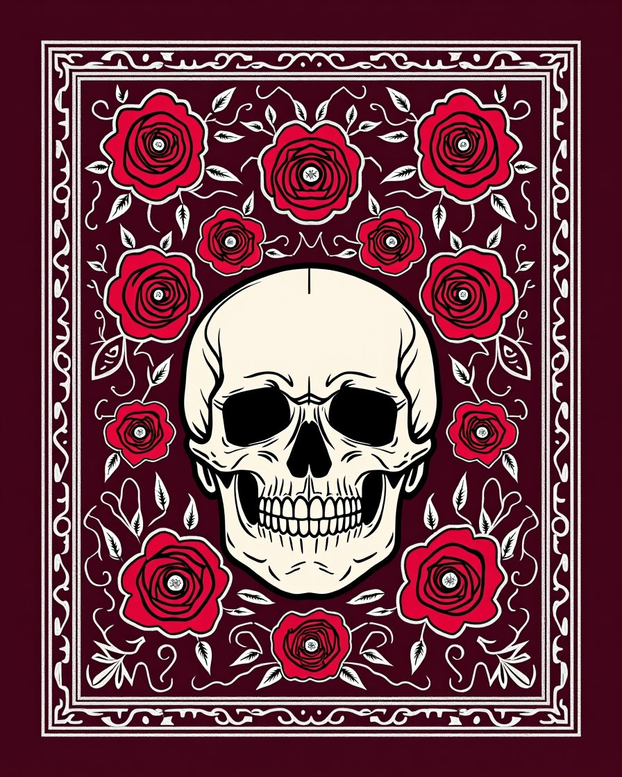 Crimson Red Rose Skull Border Rug