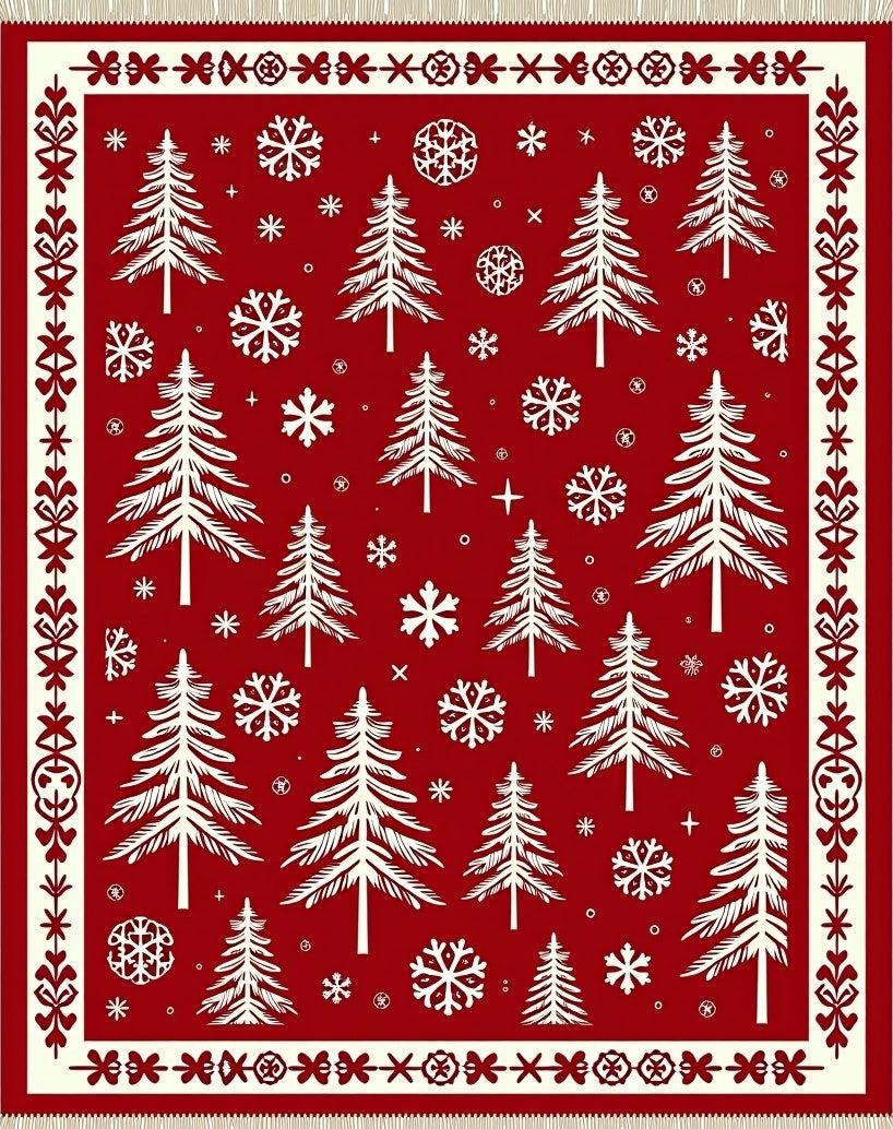 Red White Christmas Tree Snowflake Rug