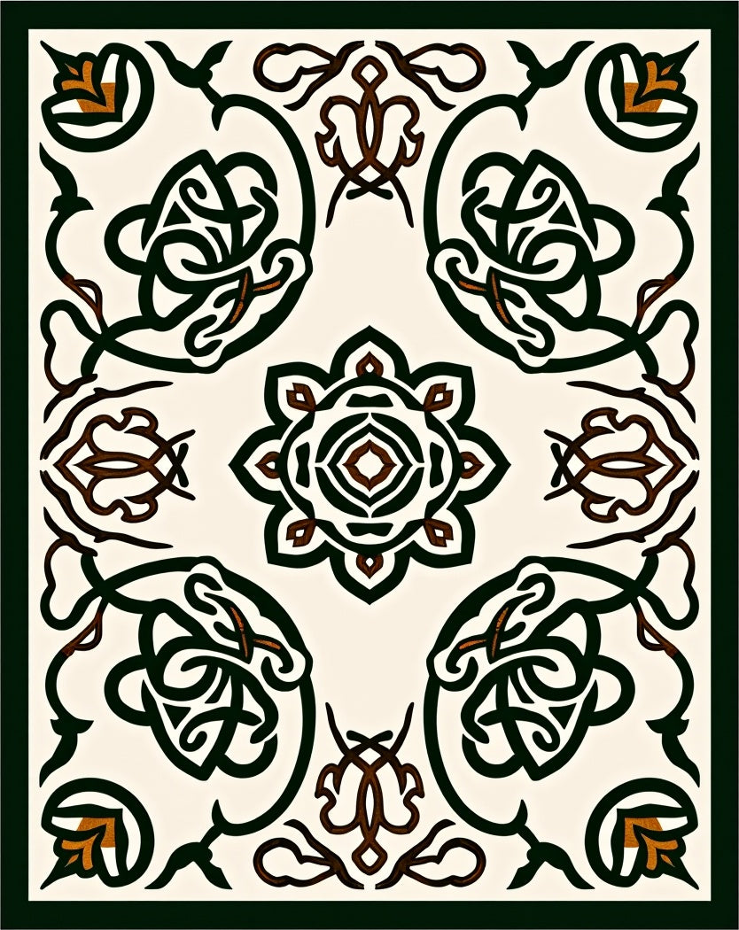 Intricate Dark Green Floral Medallion Ivory Rug