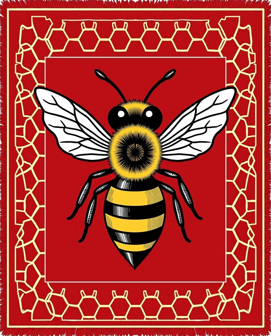Bold Red Flying Bee Honeycomb Rug