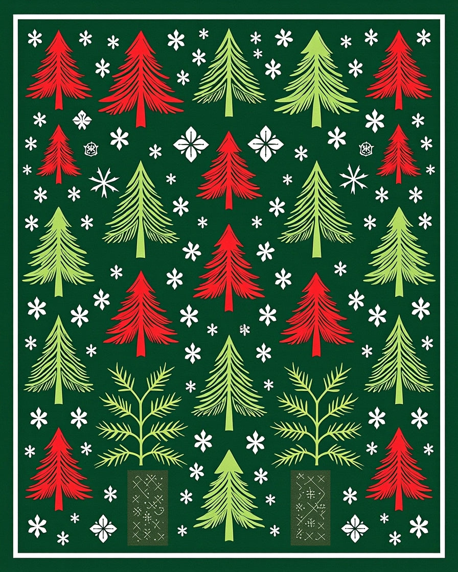 Red Green Pine Trees Snowflakes Rug