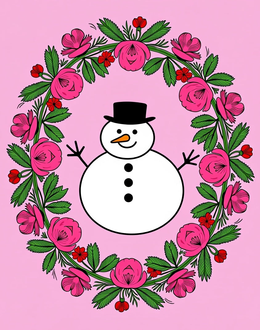 Pink Floral Snowman Wreath Rug