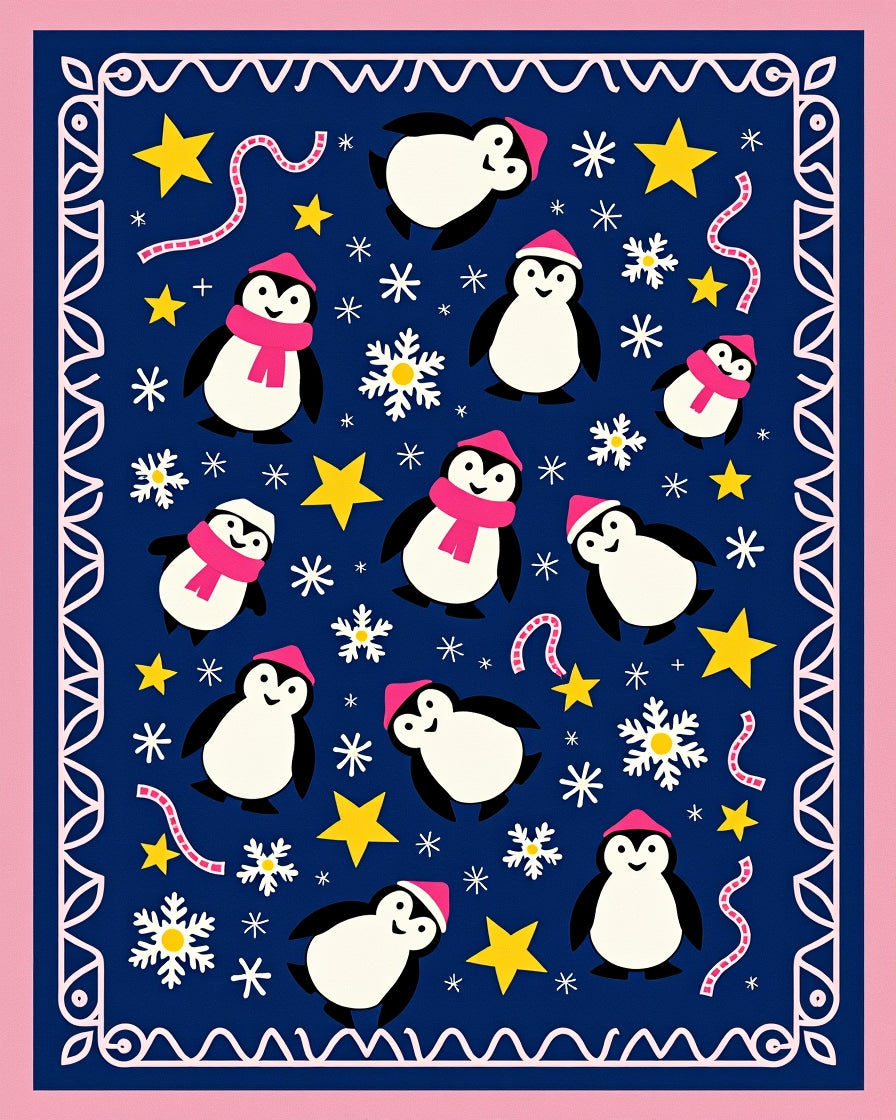 Cute Penguin Winter Wonderland Stars Rug