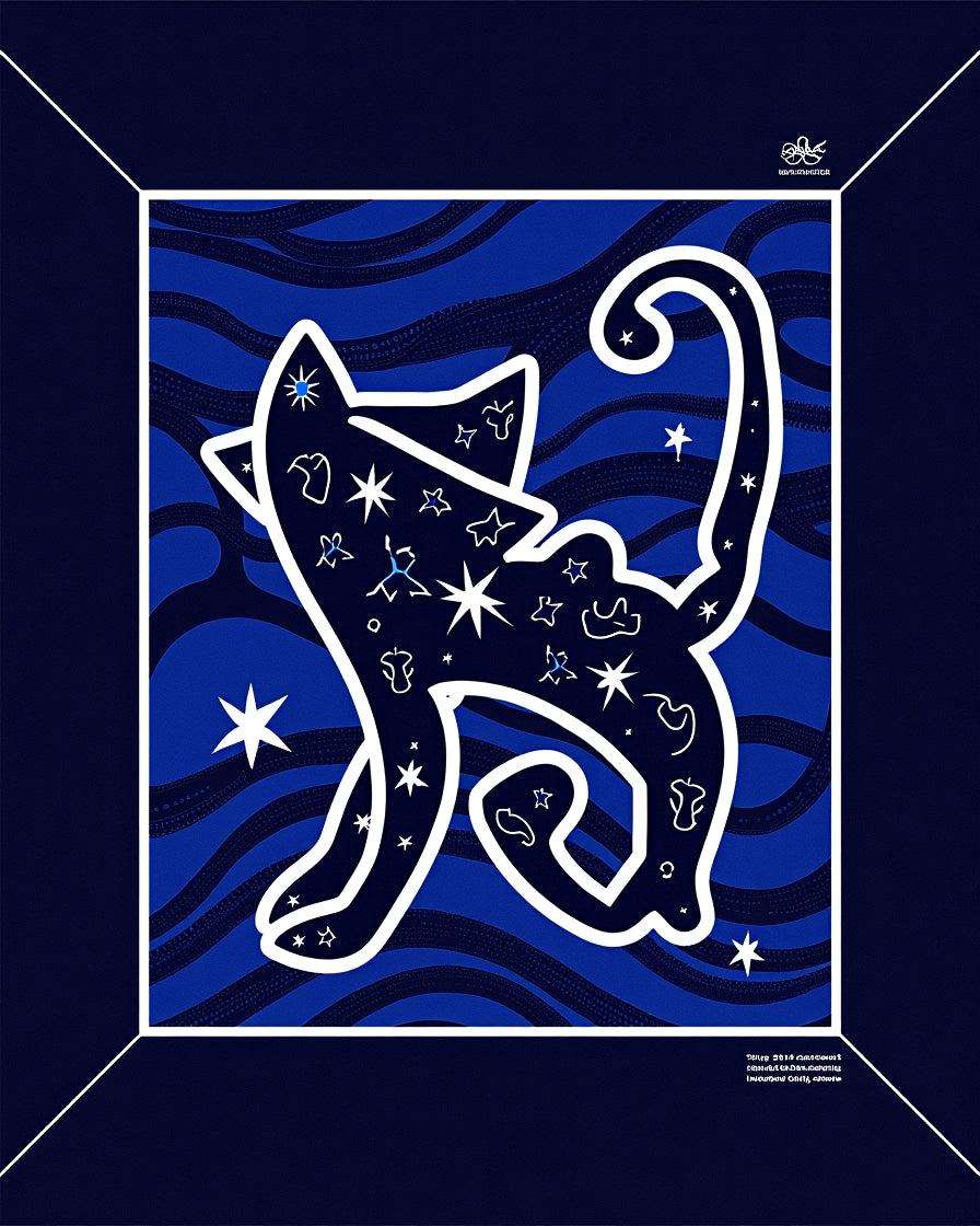 Cosmic Cat Blue Waves Starry Night Rug
