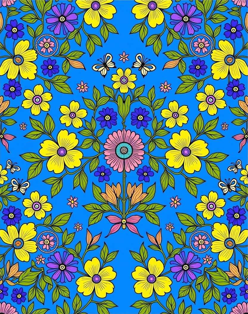 Vibrant Floral Butterfly Garden Blue Rug